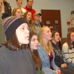 There were 20 Sequim High School students accepted to attend Washingtons All-State Choir in Yakima in 2018 where they will perform with students from across the state. From top left, Evan James, Thomas Hughes, Jonathan Heintz, Jax Thaxton, Adrian Funston, Damien Cundiff, (middle) Joey Oliver, Joe Benjamin, Eden Johnson, Kaitlyn Davis, Eva Lofstrom, Shelby Wells, (bottom) Gabi Simonson, Isabella Fazio, Abby Norman, Audrey Hughes and Amanda Weller are 17 of the students selected to participate in All-State Choir. Sequim Gazette photo by Erin Hawkins                                 Sequim High School vocal ensemble students and All-State Choir participants Gabi Simonson, Isabella Fazio, Abby Norman, Audrey Hughes and Amanda Weller recite a song in the choir room at Sequim High School. Sequim Gazette photo by Erin Hawkins
