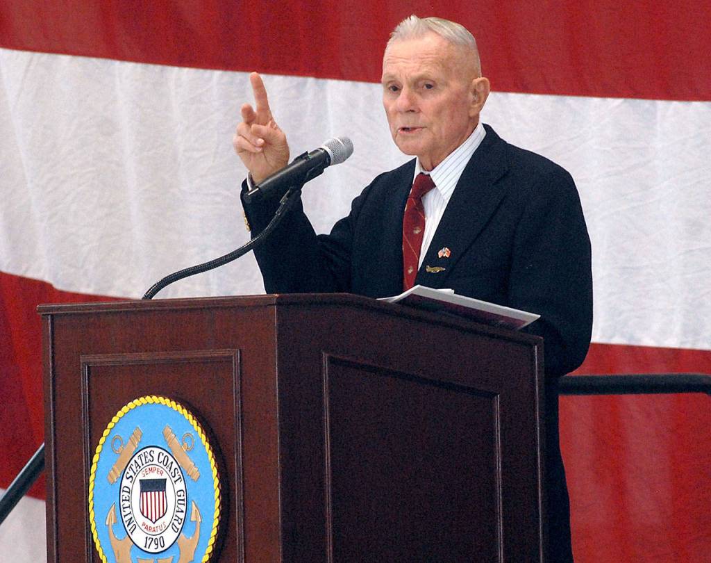 Retired U.S. Marine Corps Col. Thomas Johnson of Sequim delivers the keynote address at Saturdays Veterans Day ceremony at U.S. Coast Guard Air Station/Sector Field Office Port Angeles. Photos by Keith Thorpe/Peninsula Daily News