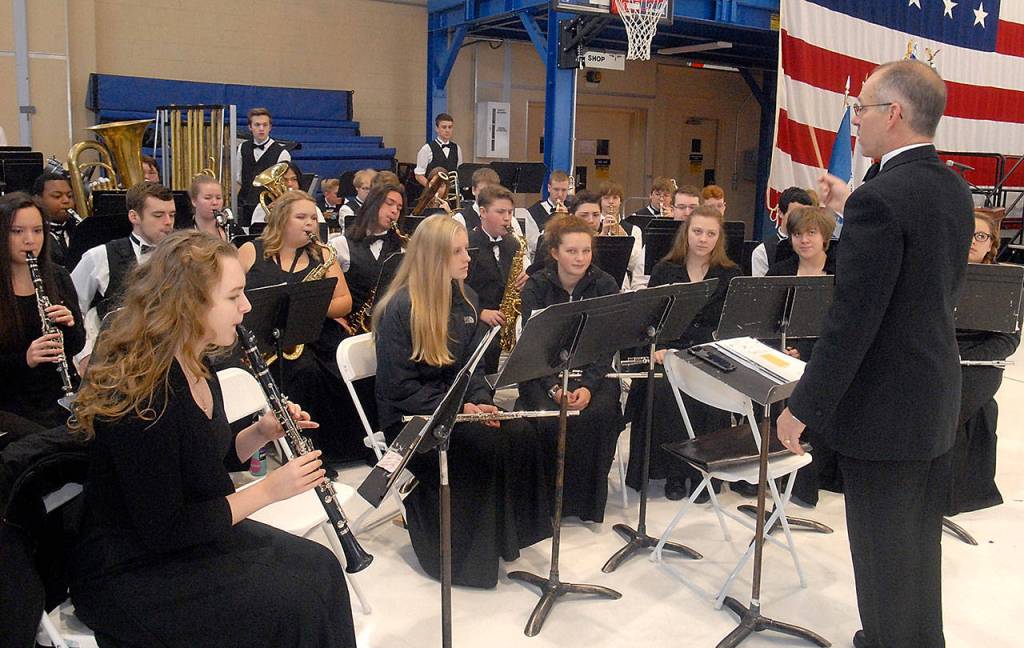 The Port Angeles High School concert band under the direction of Doug Gailey performs interlude music at Saturdays Veterans Day ceremony in Port Angeles. (Keith Thorpe/Peninsula Daily News)