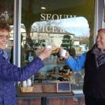 Dianne Howerton and Maureen Furey of Sequim sample some tea outside Sequim Spice and Tea on Nov. 18 as they walk around downtown Sequim.