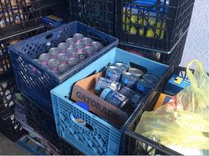 Some of the more than 2,300 pounds of food donated to the Sequim Food Bank from the Nov. 18 Cranksgiving event. Photo by Garland Frankfurth