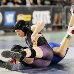 Sequims Kiara Pierson earns a pin against her first round opponent, Alexis Mendoza of Warden at last years 2A State MatClassic in Tacoma. She took third overall and she returns this season as a senior with hopes to return to state.                                 Sequim Gazette photo by Michael Dashiell
