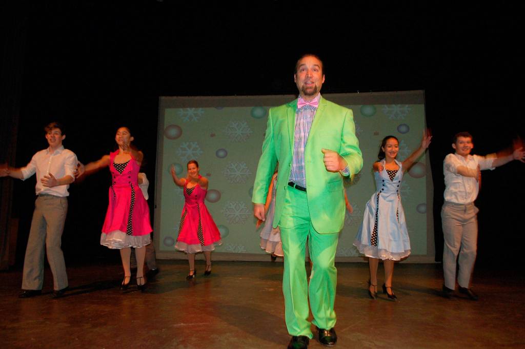 Jeremy Pederson, center, and actors Ben Heintz, Emily Spink, Abigail Kurt, Isabella Knott and Quinton Cornell practice a dancing number for the upcoming musical Irving Berlins White Christmas. Sequim Gazette photo by Erin Hawkins