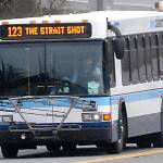 Keith Thorpe/Peninsula Daily News                                Clallam Transits Strait Shot bus approaches Port Angeles on U.S. Highway 101 on a recent run from the Bainbridge Island ferry terminal.
