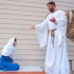Sequim Valley Nazarene Church, 481 Carlsborg Road in Sequim, continues its free Living Nativity tours this Saturday every hour at 4, 5, 6 and 7 p.m. on Dec. 16. Above, Actors Natalie Luengen as Mary and David Merrikin as an angel reenact a scene from the Christmas story. The guided tour lasts about 40-45 minutes going through six scenes of the Christmas story with live actors and an array of animals. Guests may park at Greywolf Elementary School near the intersection of Carlsborg and US Highway 101 and will be bused to the church from the school. The church asks guests plan to arrive at least 15 minutes before each tour. For more information, visit www.sequimchurch.org. Sequim Gazette photo by Erin Hawkins