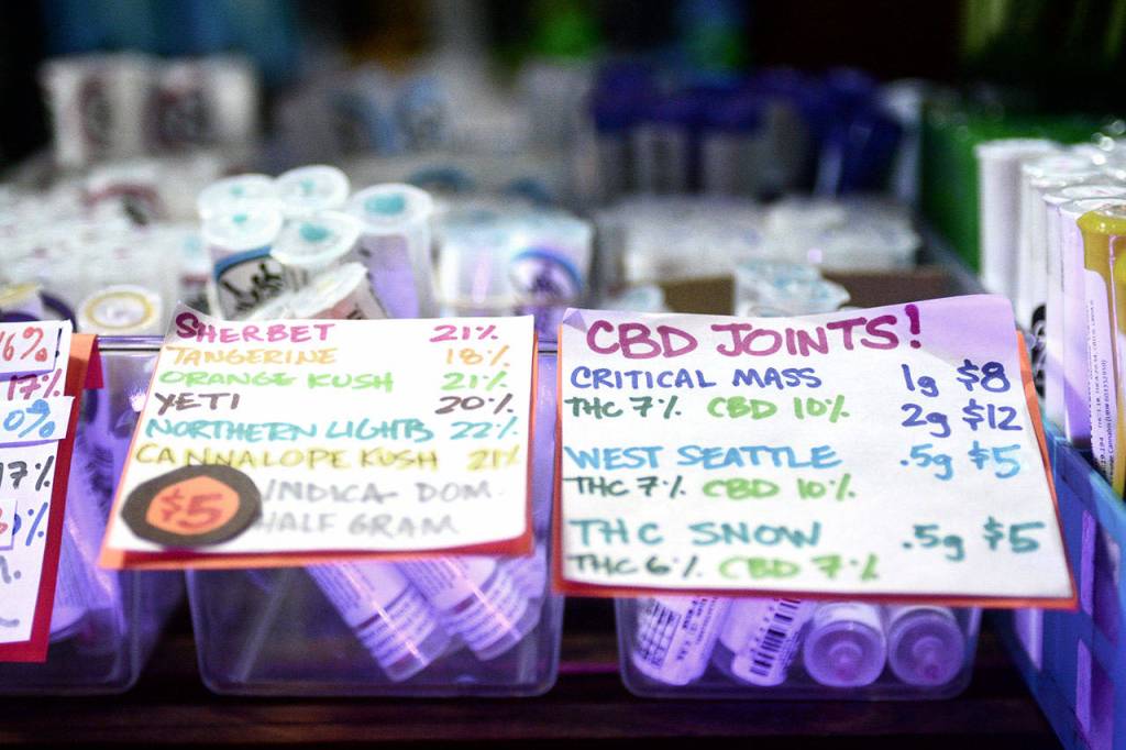 Pre-rolled joints sit on a shelf at Sea Change Cannabis in Discovery Bay on Thursday. (Jesse Major/Peninsula Daily News)