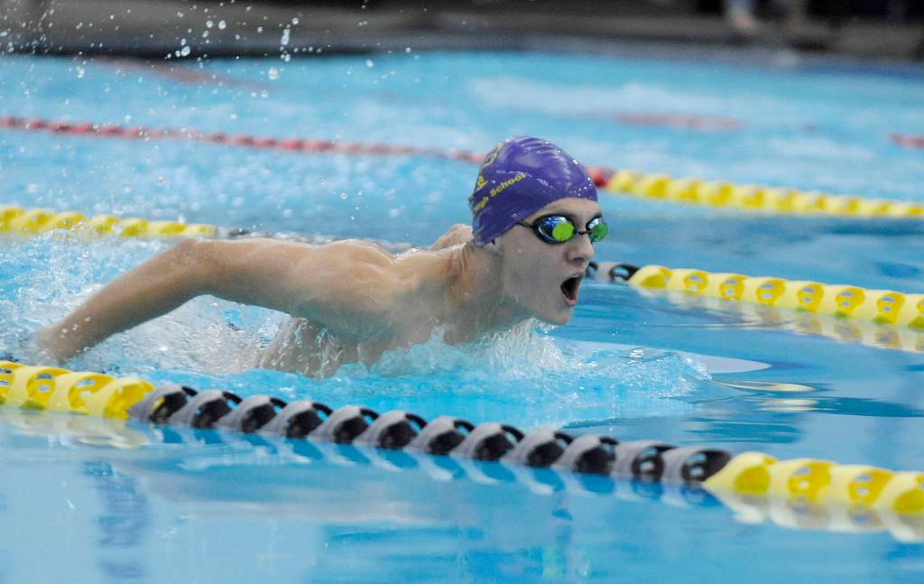Sequims Liam Payne competes in the butterfly portion of the 200 individual medley on Jan. 11 as he and the Wolves take on Port Angeles. Sequim Gazette photo by Michael Dashiell