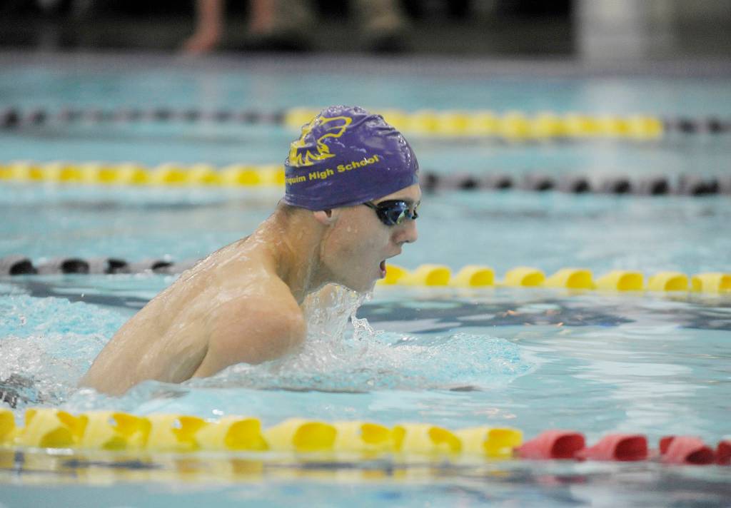 Sequims Liam Payne competes in the breaststroke portion of the 200 individual medley on Jan. 11 as he and the Wolves take on Port Angeles. Sequim Gazette photo by Michael Dashiell