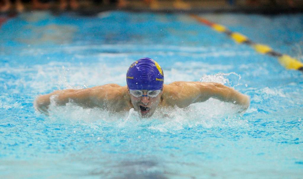 Zen Graham, pictured here in the third leg of the 200 medley relay, helps the Wolves knock off rival Port Angeles on Jan. 11. Sequim Gazette photo by Michael Dashiell