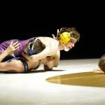 Sequims Jamie Schroepfer scored the Wolves lone points against Olympic with a pin in 47 seconds over Tim Porter. Sequim Gazette photo by Matthew Nash