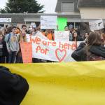 About 100 Sequim High School students take a break from classes to express their views about gun control laws during the National School Walkout on Wednesday, March 14. Along with students across the country, SHS students offered up a variety of views on the school campus at 10 a.m. for a 17-minute demonstration  one minute for each of the 17 people killed at Floridas Marjory Stoneman Douglas High School one month ago. Sequim Gazette photo by Michael Dashiell