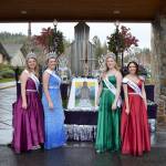 Sequim Irrigation Festival royalty, from left, Princess Gracelyn Hurdlow, Princess Gabi Simonson, Princess Eden Batson, and Queen Erin Gordon stand in front of their new float on March 24 at 7 Cedars Casino prior to the festivals annual Kick-Off Dinner. Sequim Gazette photo by Matthew Nash
