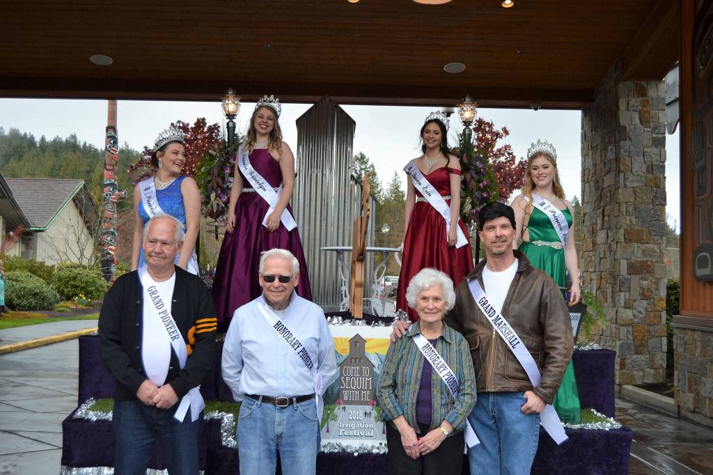 Dignitaries with the Sequim Irrigation Festival stand together on March 24 after the festivals float was revealed at the Kick-Off Dinner at 7 Cedars Casino. Present for the float reveal and dinner, were from top left, Princess Gabi Simonson, Princess Gracelyn Hurdlow, Queen Erin Gordon, Princess Eden Batson; front left, Grand Pioneer Don Ellis, Honorary Pioneer Ross Hamilton, Honorary Pioneer Lorelle Agostine, and Grand Marshal Dave McInnes. Not pictured, Grand Pioneer Wilma Rhodefer Johnson. Sequim Gazette photo by Matthew Nash
