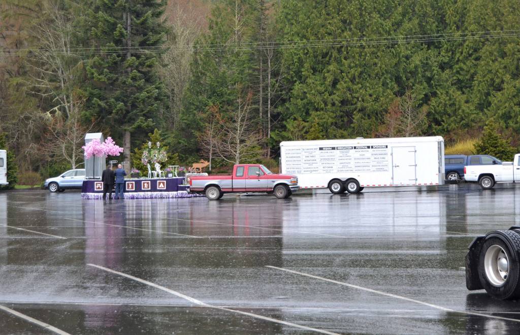 The 2018 Sequim Irrigation Festival float crew stages it prior to the Kick-Off Dinner on March 24 at 7 Cedars Casino. Sequim Gazette photo by Matthew Nash