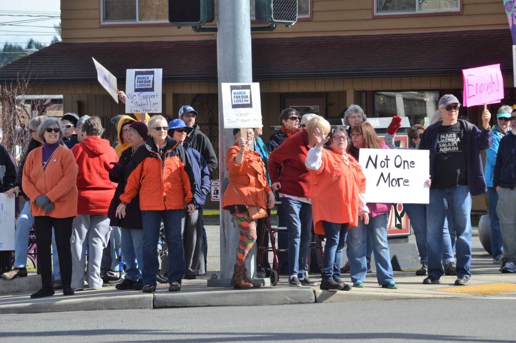 About 75 people rallied on Saturday, March 24, in Sequim in support of stricter gun control policies as part of the March for Our Lives national event. Sequim Gazette photo by Matthew Nash