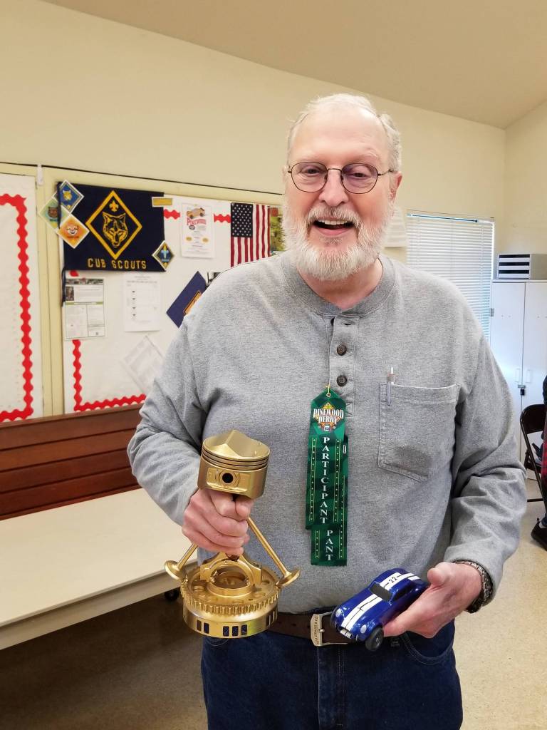 Sequims Bruce Neilsons pinewood derby car won Best of Show on March 24 and the Outlaw and Derby classes for the first Pinewood Classic Adult Pinewood Derby. Photo courtesy of Shana Scott