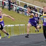 Sequim 100-meter runners (from left) Silas Isenberger, Darren Salazar, Logan Laxson and (in background) Sidney Johnston finish strong in the event at a March 29 Port Angeles meet. Isenberger won in 11.72, with Laxson second (11.83) and Salazar third (11.84). Sequim Gazette photo by Michael Dashiell