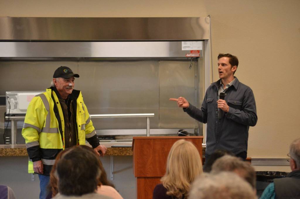 Sequim City Engineer Matt Klontz, right, congratulates John Watson, project engineer for the Guy Cole Events Center, for his efforts. Klontz said Watson came out of retirement to work on the enter, and he retired on March 28, the same day of the kitchens ribbon cutting. Sequim Gazette photo by Matthew Nash