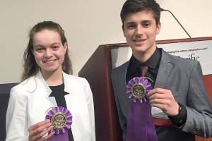 Sequim High School students Vita Olson and Sean Weber take a break from competition at the Washington Junior Science and Humanities Symposium, held in mid-March at Seattle Pacific University. Submitted photos