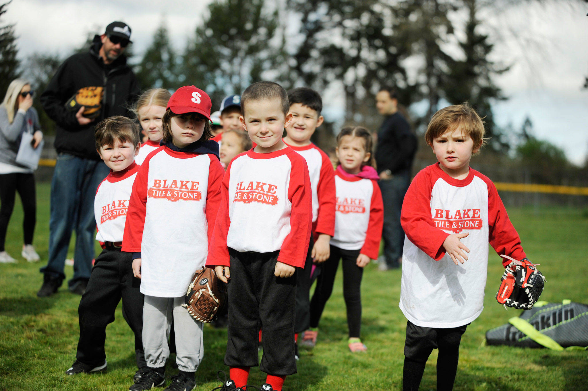 T-ball players with Blake Tile & Stone get ready for opening day of Sequim Little Leagues season in 2017.