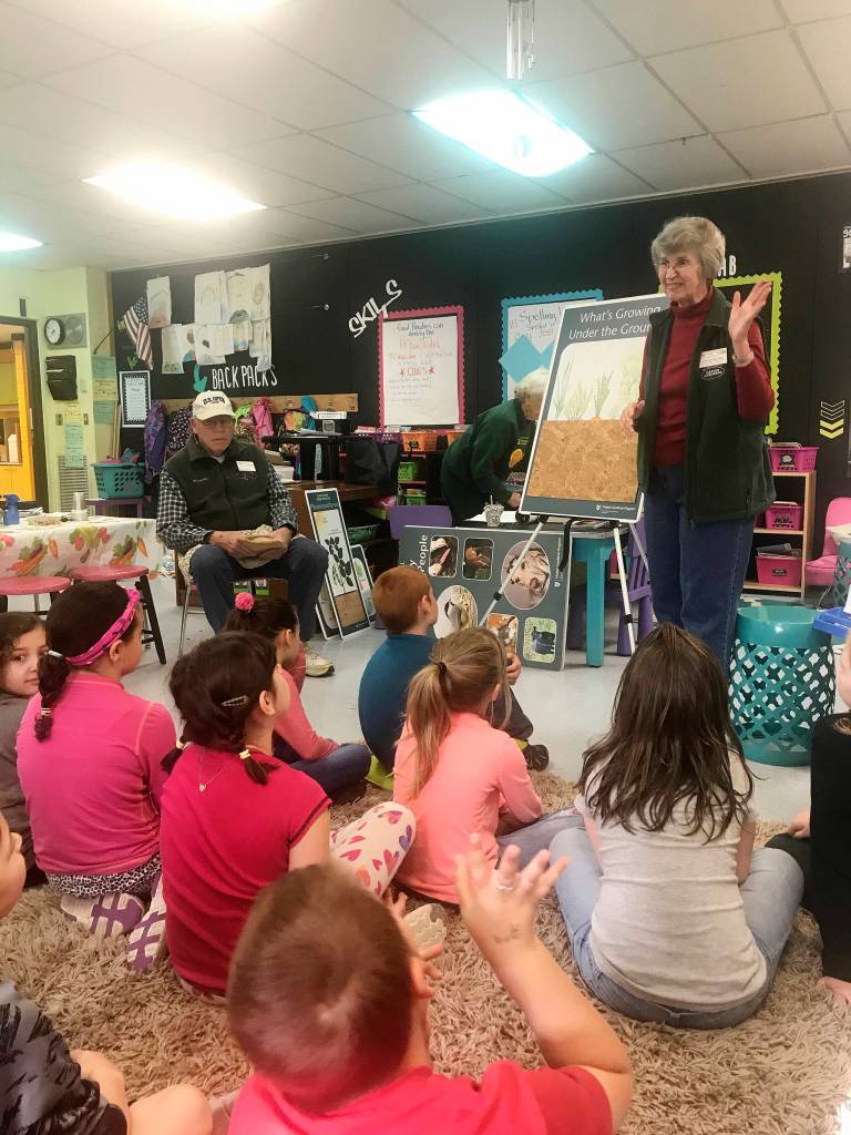 Master Gardeners John Norgord and Jan Danforth presenting to Kaylee Kinseys class at Helen Haller Elementary School. Submitted photo