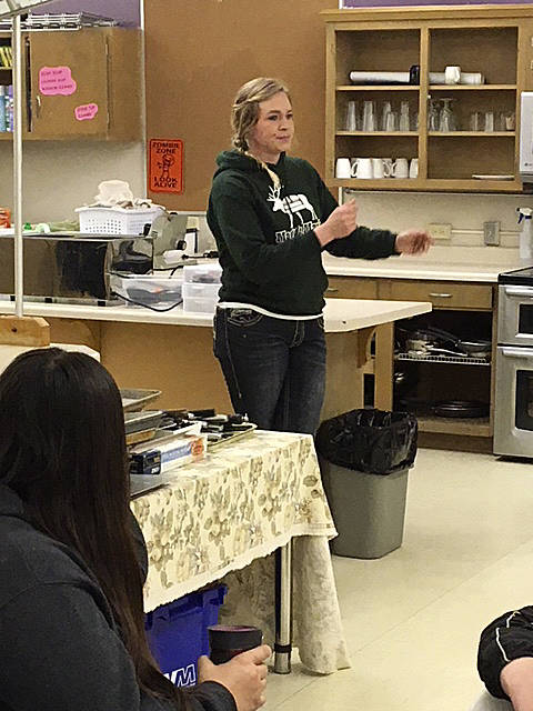 Maggie Clark of Maggie Mays Espresso & Outfitter talks with first period culinary class at Sequim High School. Submitted photo
