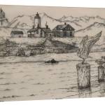 Artist Steve Vogel said he took some liberties with his drawing of the New Dungeness Lighthouse by moving some pilings and the Olympic Mountains. Image courtesy of Steve Vogel