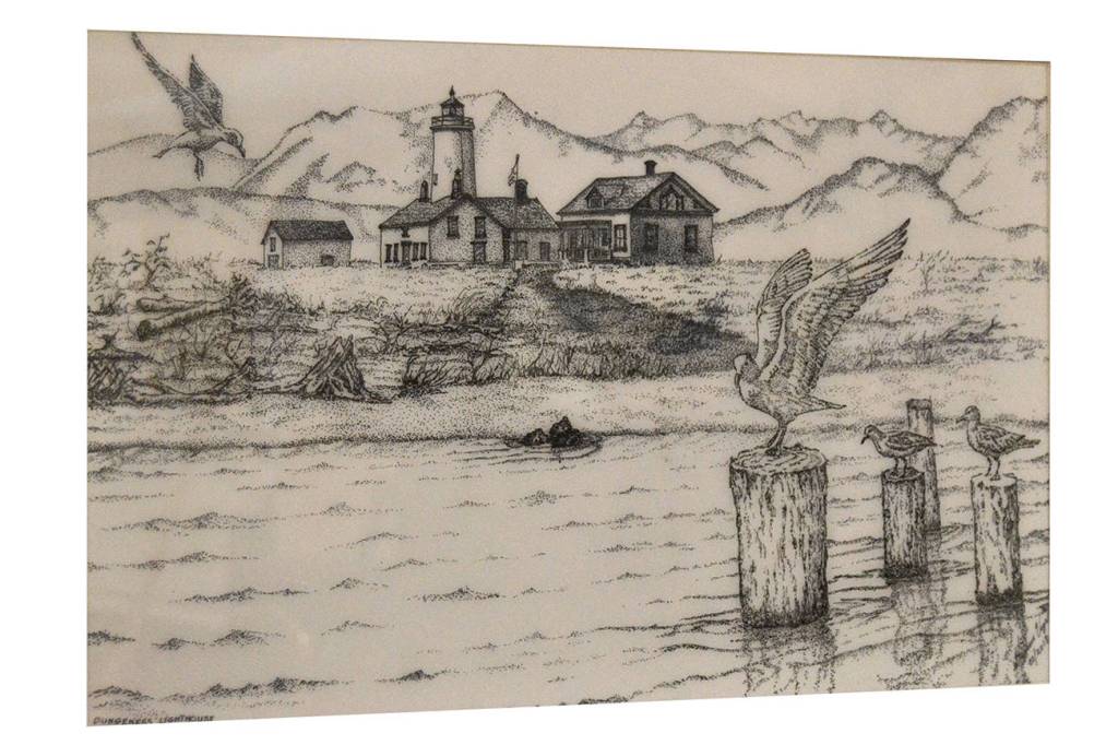 Artist Steve Vogel said he took some liberties with his drawing of the New Dungeness Lighthouse by moving some pilings and the Olympic Mountains. Image courtesy of Steve Vogel