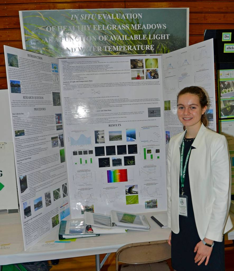 Vita Olson, a sophomore at Sequim High School, was awarded first place in the Plant Sciences category for the second year of her two-year project, In Situ Evaluation of Healthy Eelgrass Meadows as a Function of Available Light and Water Temperature. Submitted photo