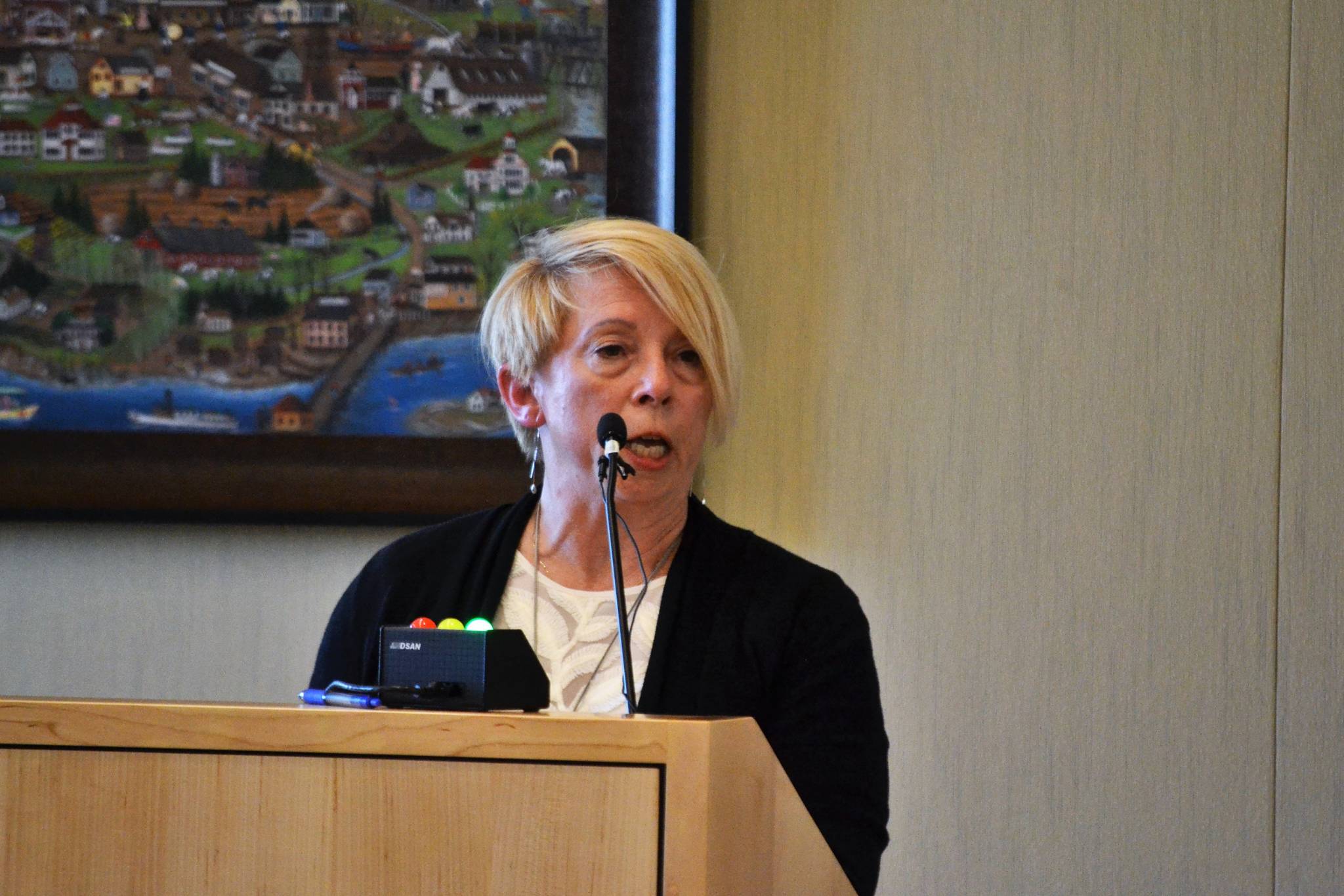Port of Port Angeles Commissioner Connie Beauvais speaks to Sequim City Councilors on Monday discussing the citys Shoreline Master Program, which she said doesnt prohibit private marinas in city limits. However, city councilors unanimously approved a resolution that reinforces that private marinas are prohibited. Sequim Gazette photo by Matthew Nash