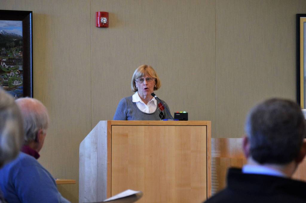 Sharon Laska of Sequim spoke Monday to Sequim City Councilors in favor of the resolution reaffirming that the John Wayne Marina remain open to the public. Sequim Gazette photo by Matthew Nash