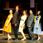 Maggie van Dyken, Damon Little, Audrey Hughes, Caleb DeMott and Erin Gordon rehearse a musical number from this years operetta production, How to Succeed in Business Without Really Trying. Sequim Gazette photo by Erin Hawkins