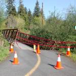 In mid-April, a portion of the Dean Creek bridge in Blyn sunk due to high water leading officials with the Jamestown SKlallam Tribe and the Peninsula Trails Coalition to close it. No timetable has been set for its repair. Sequim Gazette photo by Erin Hawkins