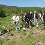 Officials and dignitaries break ground at the site of the future Jamestown SKlallam public safety and justice center in Blyn on Saturday. Taking part in the ceremony were, from left, tribal police chief Rory Kallappa, tribal council member Theresa Lehman, Craig McClelland of KMB Architects, tribal construction manager Kirk Nelson, tribal council Chairman Ron Allen, Clallam County Commissioner Mark Ozias, State Rep. Steve Tharinger and Clallam County Sheriff Bill Benedict. (Keith Thorpe/Peninsula Daily News)