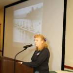Judy Rantz Wellman speaks to a crowd about her father Joe Rantz and his time in Sequim and he overcame poverty to become a US Olympian. Photo by Ernst-Ulrich Schafer