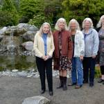 Descendants of Henry and Hazel Lotzgesell, from left, Gloria Lotzgesell Newton, their daughter, Laurel Gloor, Sidne Cameron, Ronnie Rice, their granddaughters, and Holly Hatton, their great-granddaughter, stand by the recently refurbished pond that Henry helped pay to build in 1965, and over the years his family helped maintain. Sequim Gazette photo by Matthew Nash