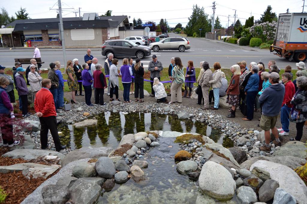 Ty Brown, Sequim operations manager, speaks to the crowd on May 16 about how the city worked with the Lotzgesell family, Priscilla Hudson and other Sequim Prairie Garden Club members in refurbishing the fountain Pioneer Memorial Park. Sequim Gazette photo by Matthew Nash