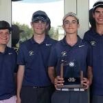 Sequims boys celebrate a second-place finish in the class 2A state tournament in Richland last week. Pictured, from left, are Andrew Vanderberg, Josiah Carter, Paul Jacobsen and Blake Wiker. Submitted photo