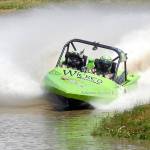 A Wicked Racing sprint boat piloted by Dan Morrison and navigated by Cara McGuire powers through a qualifying round during races at Extreme Sports Park in Port Angeles in 2016. (Keith Thorpe/Peninsula Daily News)