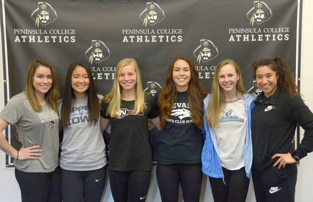 Peninsula College Pirates moving on to play collegiate ball at four-year schools include, from left, Malia Brudvik, Jayna Morikowa, Maddy Parton, Emelie Small, Kelly Kevershan and Sarah Reiber. Submitted photo