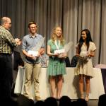 Shipley Center Executive Director Michael Smith, left, gives scholarships and trophies along with, as his tradition, some bubble wrap  Dont pop pills, pop bubble wrap  to SHS graduating seniors Josiah Carter, Abby Norman and Andrea Albaugh. Sequim Gazette photo by Michael Dashiell