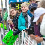 Spectators watch on as runners make their way toward the finish line at the North Olympic Discovery Marathon on Sunday. (Jesse Major/Peninsula Daily News)