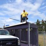 Josh Henning, a maintenance worker with the city, reroofs a dugout at the James Standard Little League Park on June 5. Volunteers later came and painted the dugouts, too, as part of Sequim Service Fest. Sequim Gazette photo by Matthew Nash