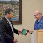 Jason Doig of Sequim accepts the Carnegie Medal from Sequim Mayor Dennis Smith on June 25 for his efforts to save a woman from jumping off a railing on the Hood Canal Bridge on March 3, 2017. I think I did what a lot of people in this room would have done, Doig said. Sequim Gazette photo by Matthew Nash