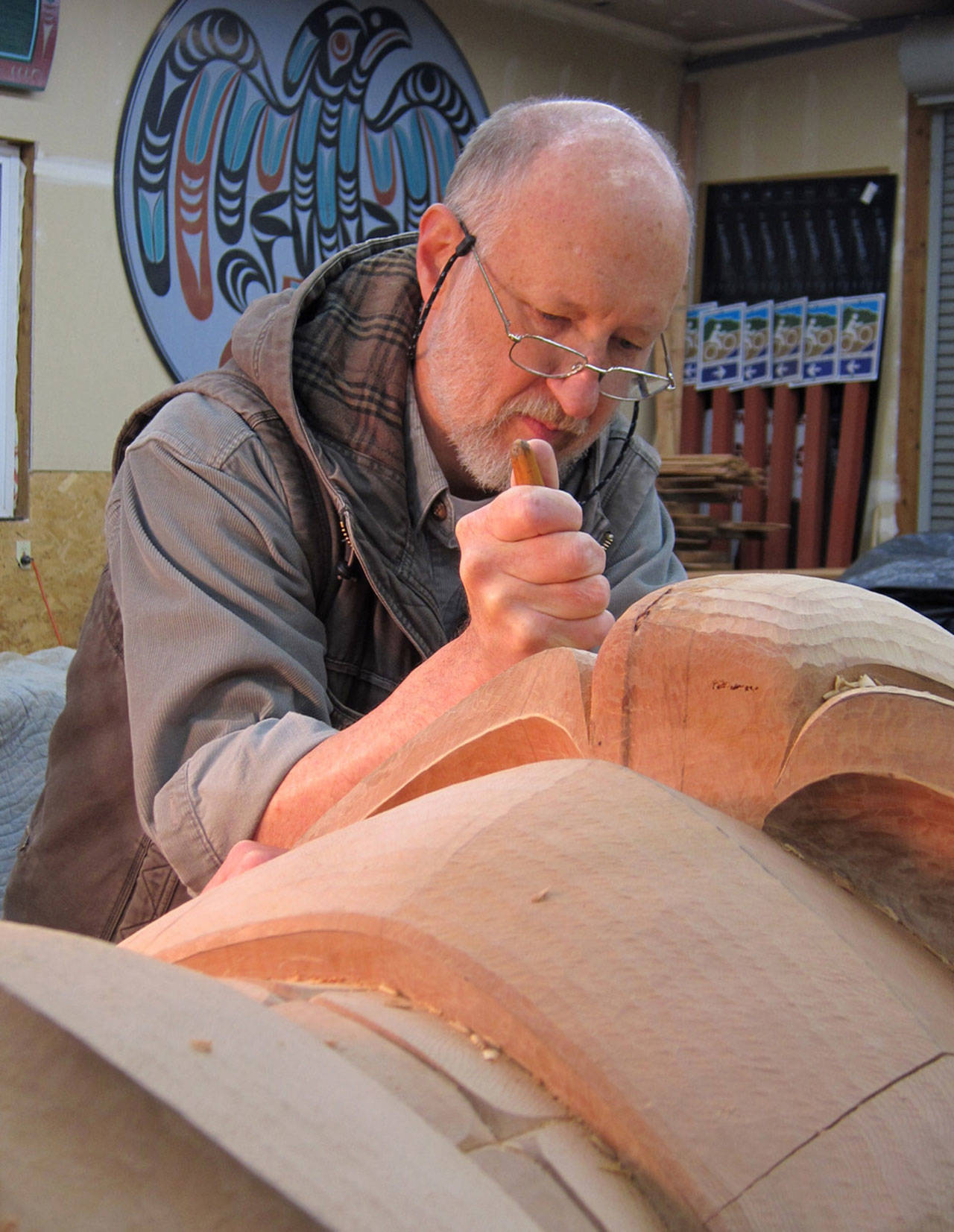 Artist Dale Faulstich has been commissioned by the Jamestown SKlallam Tribe to carve a totem pole and a canoe as a gift to the Northwest Maritime Center. The art is expected to be completed in 2019. Faulstich has completed 66 totems in the North Olympic Peninsula area. (Dale Faulstich)
