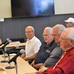 William Armacost, on left at table, interviews with fellow candidates Ron Fairclough, Tom Ferrell, and Richard Fleck on July 23 for the vacant Sequim City Council position. Armacost, a salon owner, was chosen and said affordable housing is a top priority for him. Sequim Gazette photo by Matthew Nash