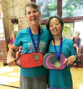 Sandi Gunn of Sequim and Yen Chen of Port Angeles won pickleball gold at the Bremerton West Sound Senior Games held Friday and Saturday in the 65-69 womens doubles. Gunn also won gold with Forrest Franz of Sequim in the 65-69 mixed doubles while Chen won Silver with Richard Reed of Port Angeles in the 60-64 mixed doubles.