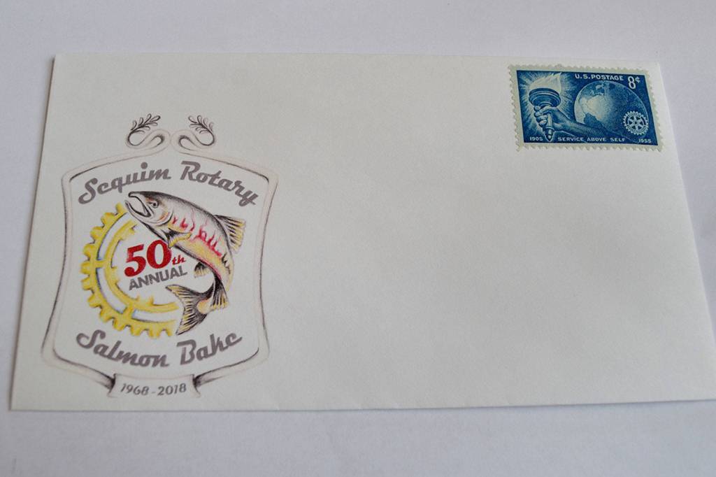 This year, the Strait Stamp Society celebrates 50 years of the Rotary Club of Sequims Salmon Bake (set for Aug. 12 at the Boys & Girls Club). Visitors to the Strait Stamp Show on Aug. 11 at the Sequim Masonic Lodge can purchase an envelope, cancel and a 1955 Rotary stamp. Sequim Gazette photo by Matthew Nash