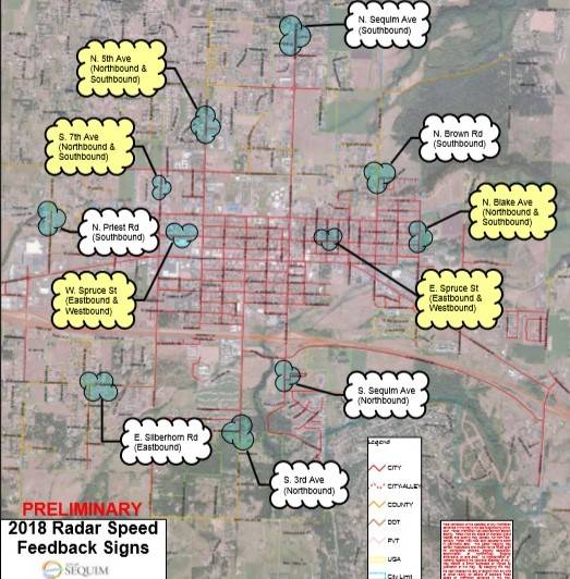 So far, City of Sequim staff selected 11 sites for new speed radar signs to go with five spots (in yellow) anticipated to host signs on both sides of the road. City staff said a few additional signs will be rotated throughout the city.                                 Submitted photo