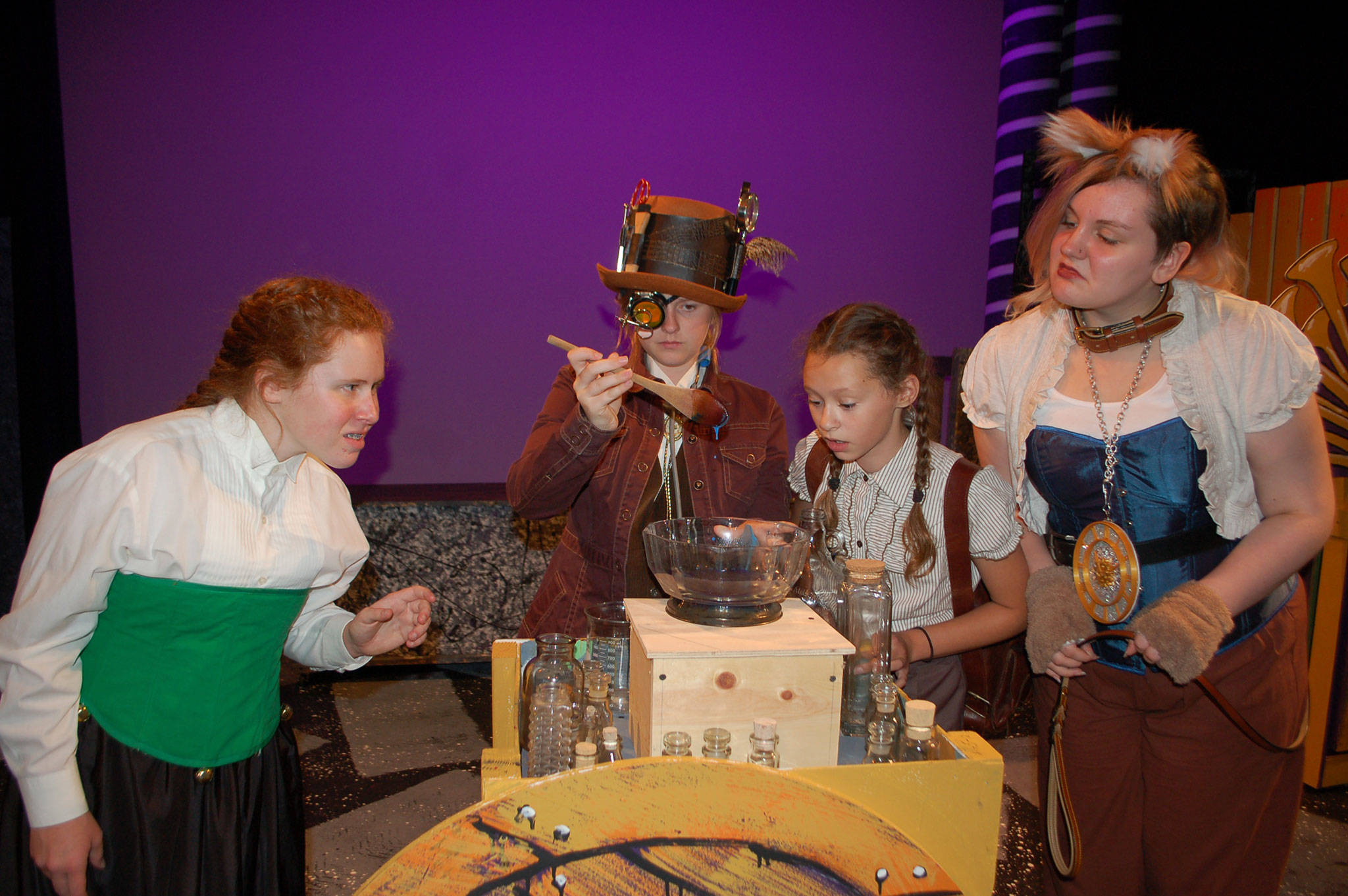 Actresses Grayce Houle, cast as Awful Dynne, left, Ruby Coulson, cast as Kakafonous A. Dischord, Kaylin Gauble, cast as Milo, and Amelie Mantchev as Tock rehearse a scene from OTAs upcoming production Phantom Tollbooth. Sequim Gazette photos by Erin Hawkins